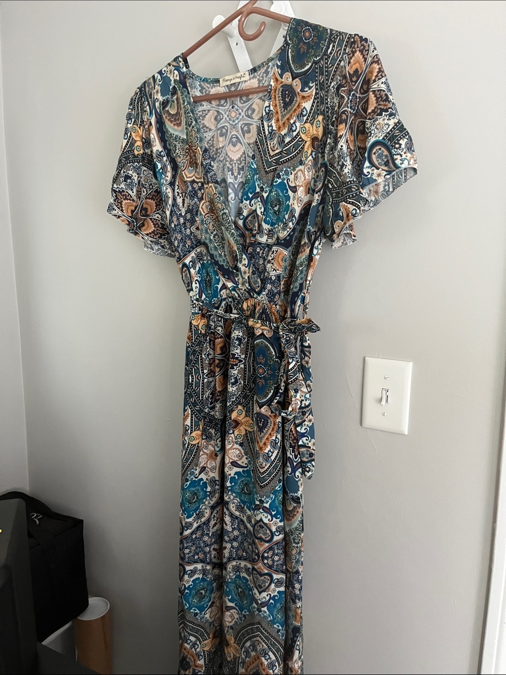 Italian Maxi Dress in Teal and Brown Paisley - Comfortable V-Neck